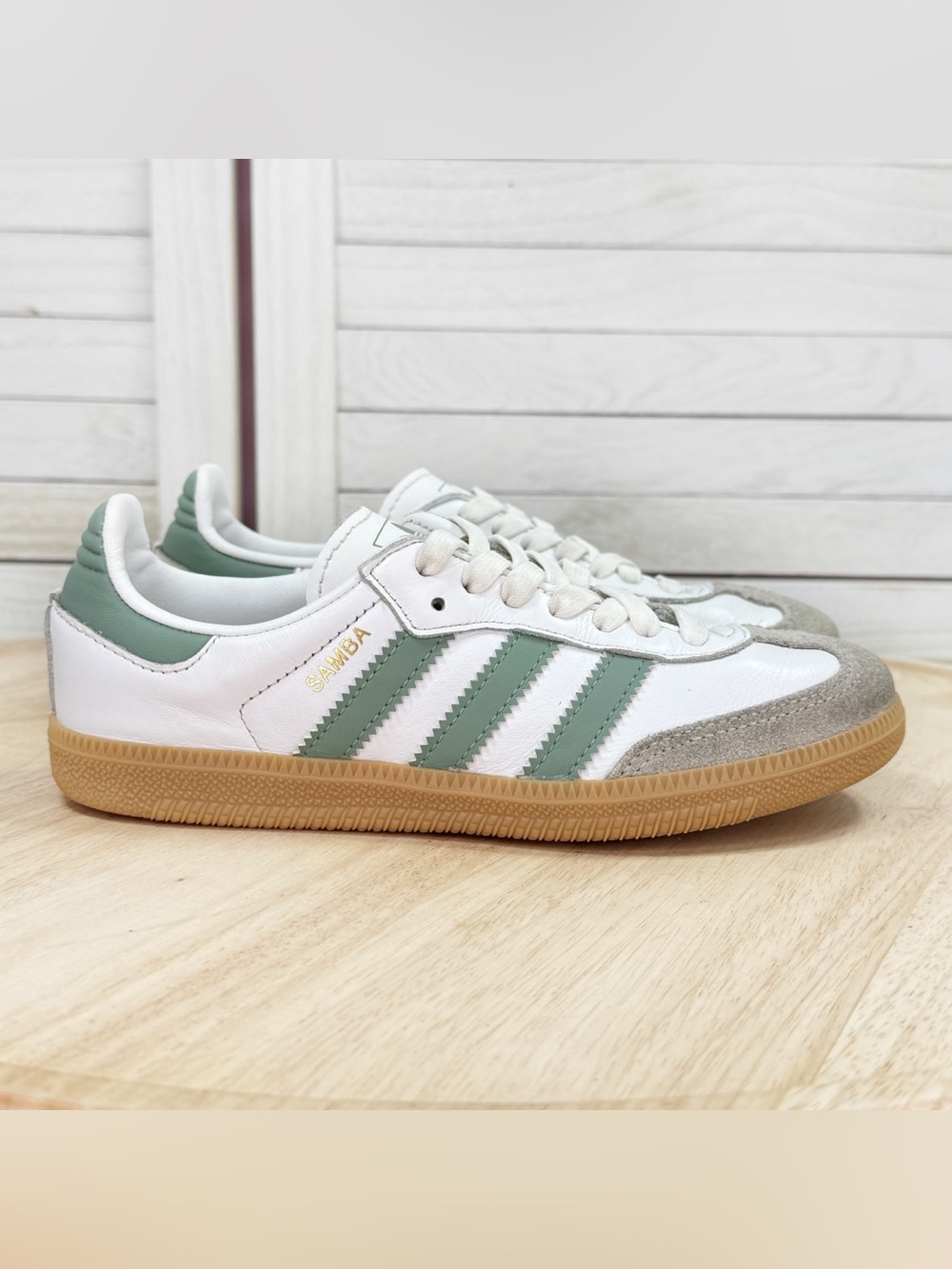 Adidas Samba OG C Lace Up Sneakers White Sage Green Youth Size 1.5 Unisex